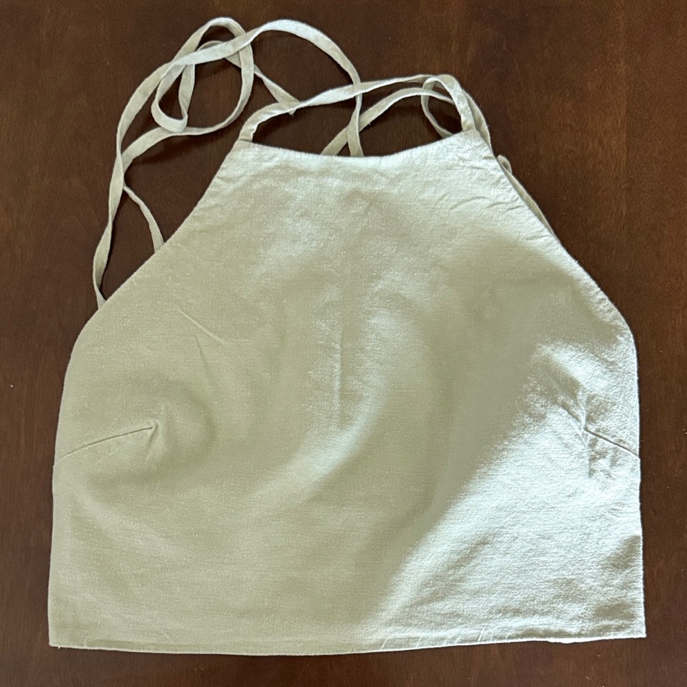 House of Harlow 1960 Green Linen Blend Halter Top Strappy Back Large